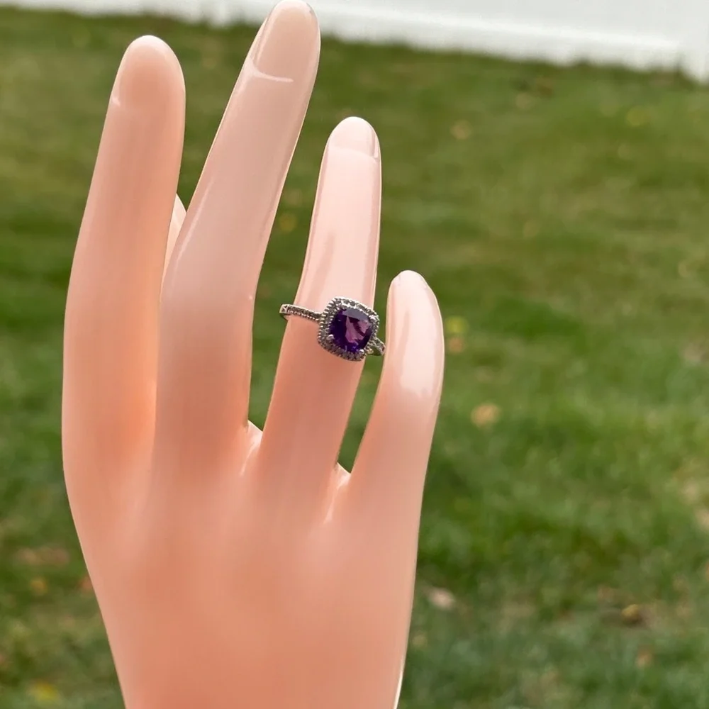 10kt White Gold Cushion Cut Genuine Amethyst and Diamond Halo Ring Size 6 - Picture 8 of 13